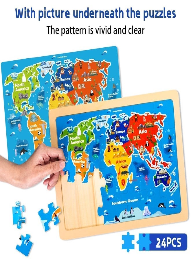EggSun Christmas Wooden Puzzles for Toddlers 3-5,6 Packs 24Pcs Jigsaw Wooden Solar System Puzzles for Ages 4-8,Preschool Educational Brain Toys Gifts for Boys and Girls 2 4 3 5 Year Old（World Map） - Image 4